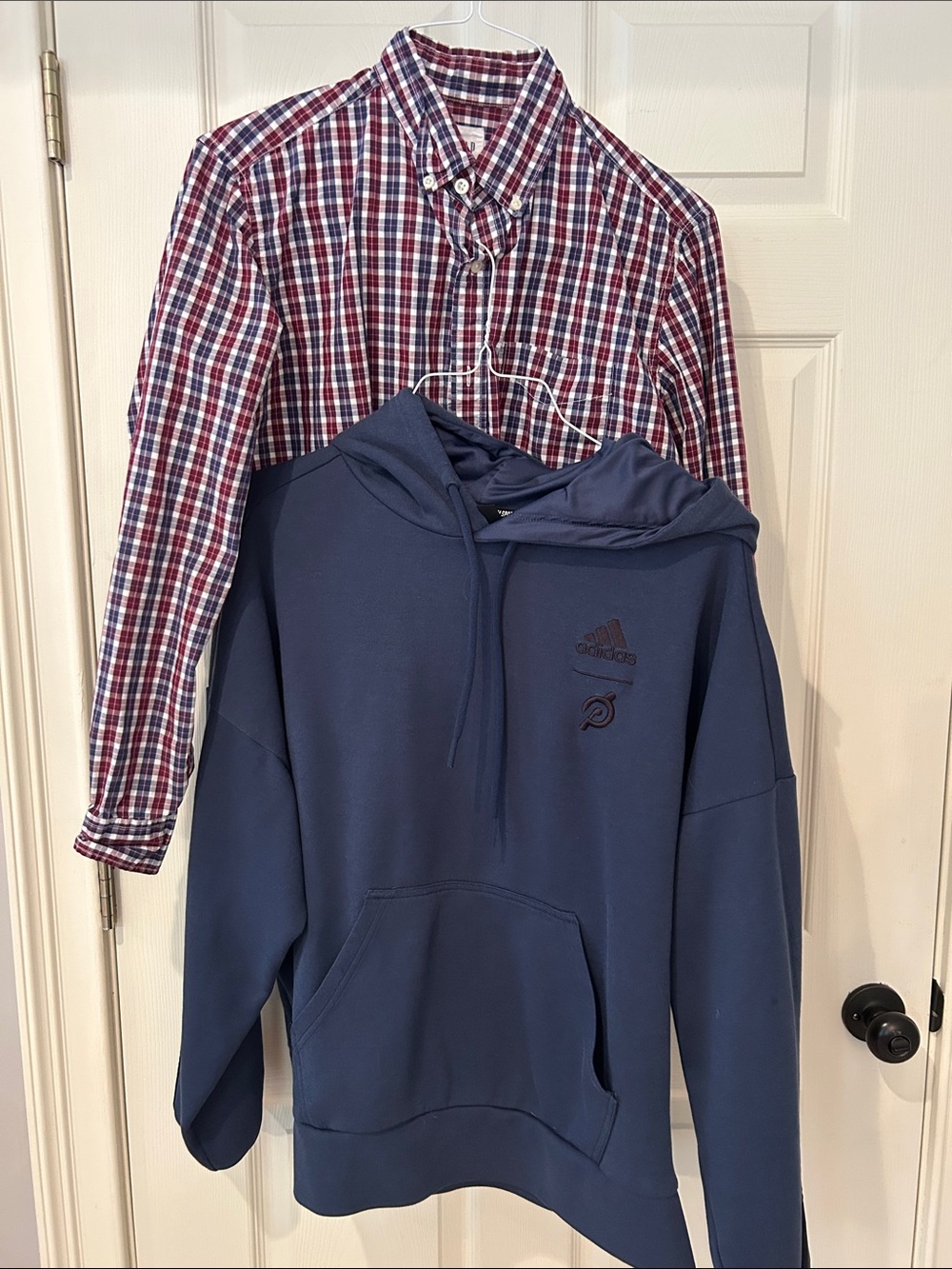 adidas Peloton Men’s Dark Blue Pullover Hoodie and Gap button down long sleeved.
